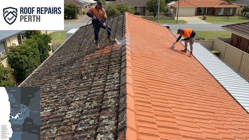 Before and after comparison of a Perth roof section showing moss-covered tiles on left and clean tiles after treatment on right