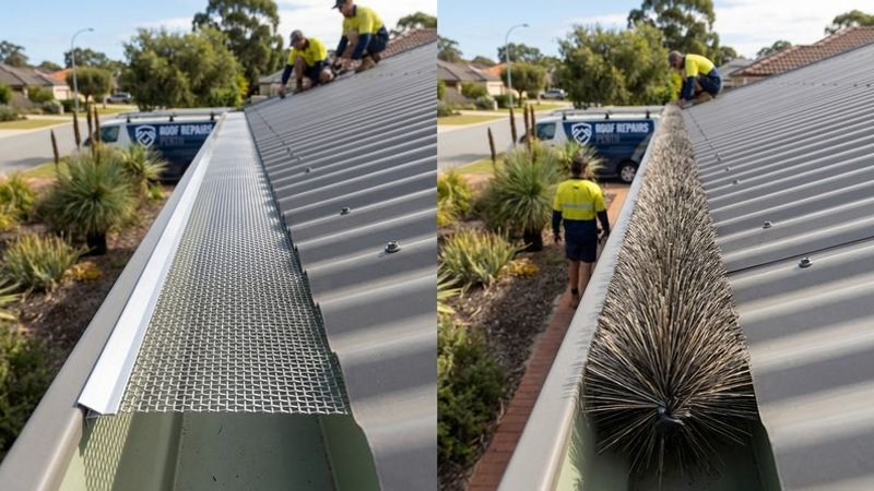 Close-up comparison of mesh aluminium and brush style gutter guard types side by side