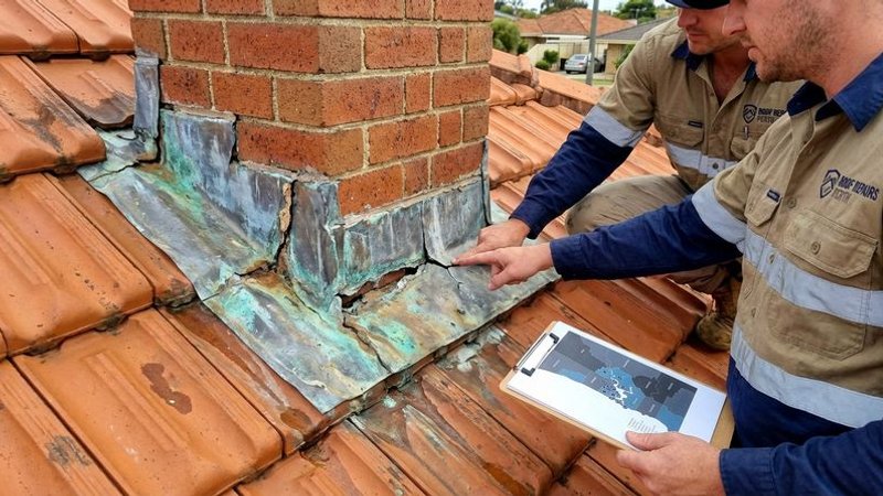 Close-up of corroded lead flashing around a chimney on an older Perth tiled roof