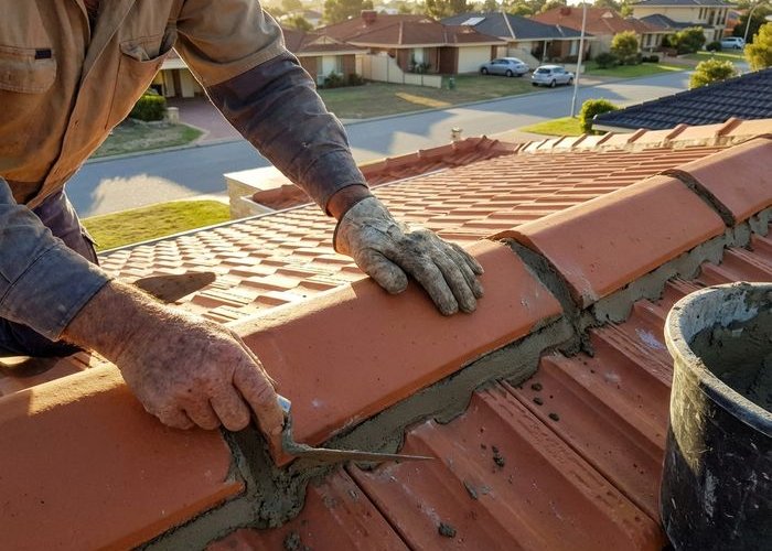 Skilled roofer performing ridge capping repair in Perth
