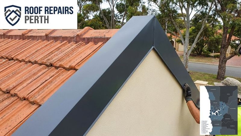 Freshly installed Colorbond flashing at a wall-to-roof junction on a Perth two-storey home with clean professional finish