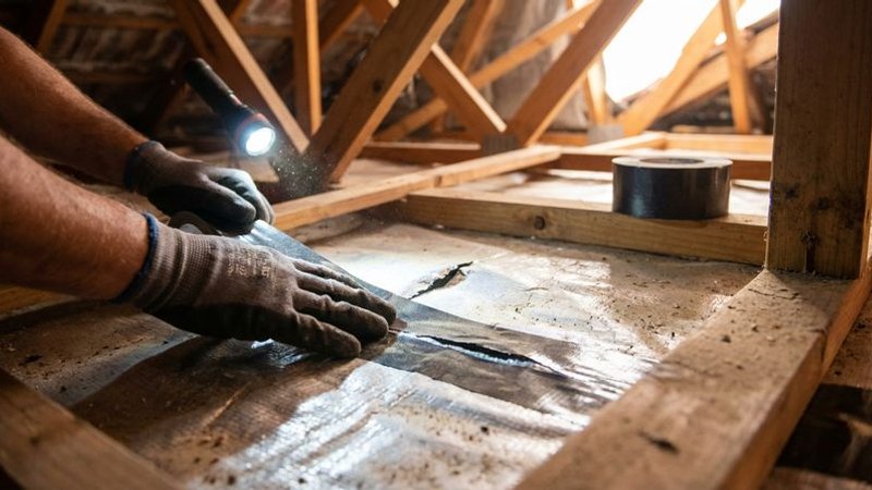 Close-up of hands applying waterproof roofing tape to seal a crack in the roof cavity