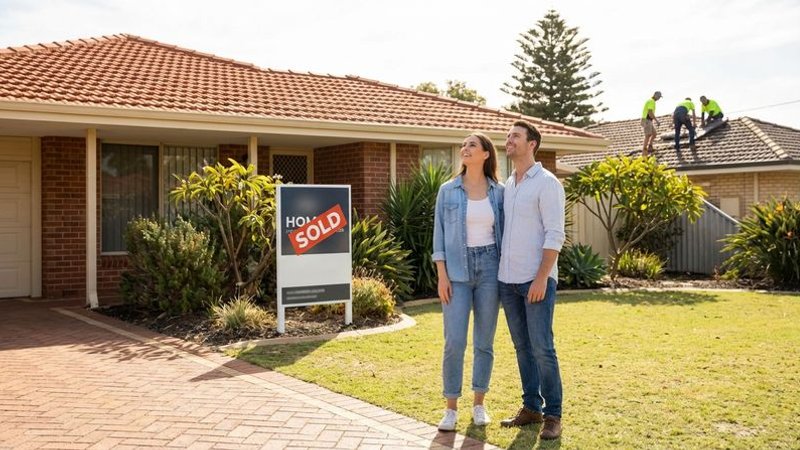 Happy Perth couple standing outside their newly purchased home with confidence after a clear roof inspection report
