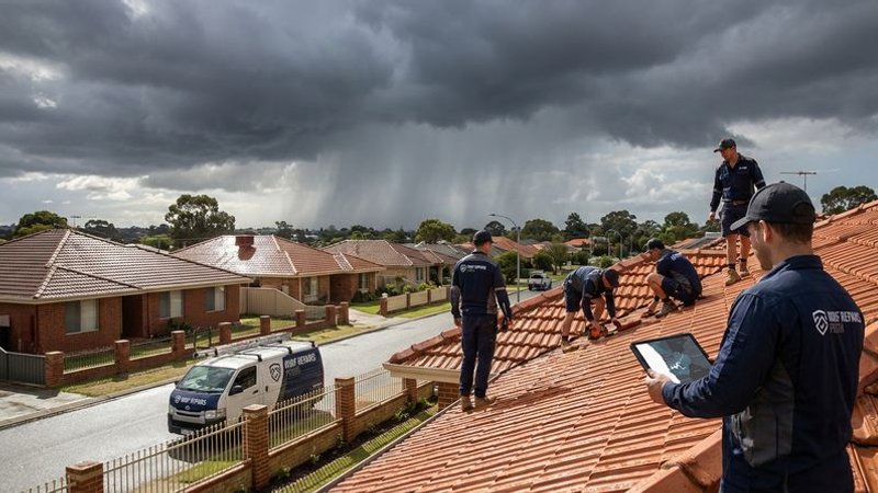 Heavy storm clouds rolling over Perth suburban rooftops with rain beginning to fall