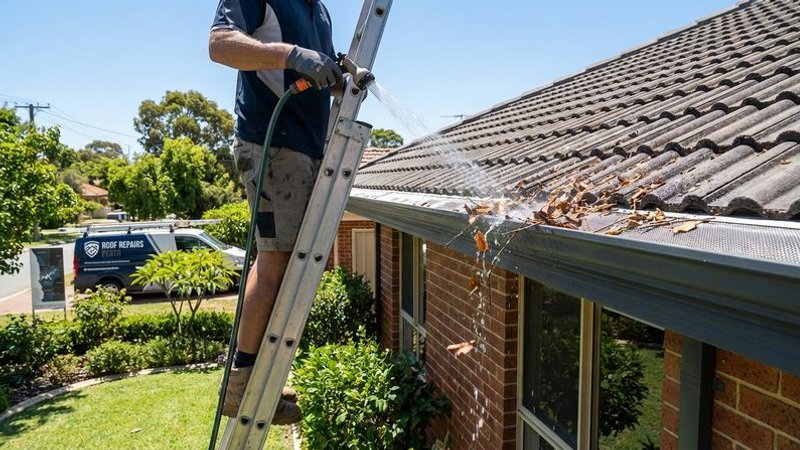 Homeowner easily hosing off a few leaves from the top of gutter guards on a Perth home compared to full gutter cleaning