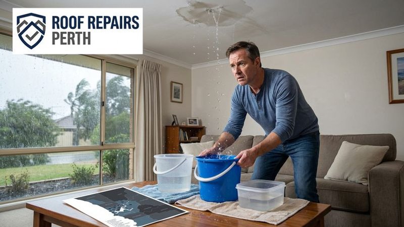 Homeowner placing buckets and towels beneath an active ceiling leak during a Perth winter storm