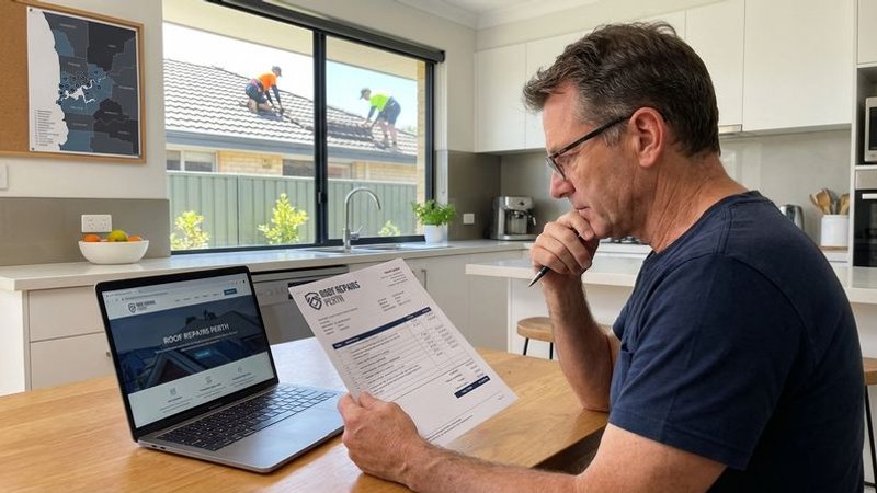 Homeowner reviewing a detailed roofing repair quote document at a kitchen table