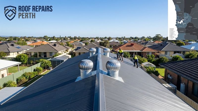 Multiple whirlybird vents evenly spaced along the ridge line of a large Perth residential roof