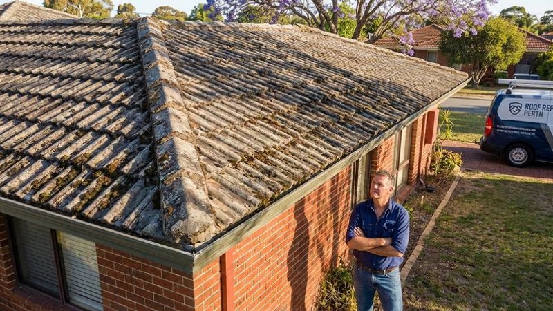 Perth homeowner on the ground looking up at an aging tiled roof considering repair versus full replacement