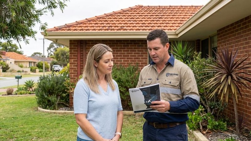 Perth homeowner reviewing a detailed roof inspection report with the inspector pointing out key findings and recommendations