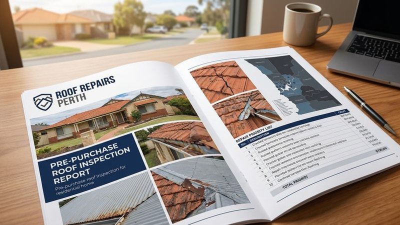Pre-purchase roof inspection report document with photographs showing identified issues and repair priority recommendations