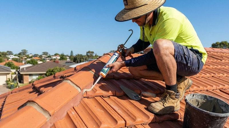 Professional roofer applying fresh flexible pointing compound to ridge caps on a Perth roof