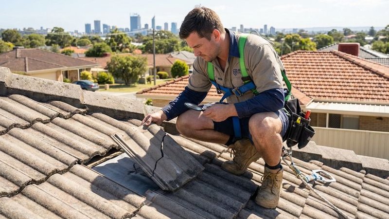 Professional roofer inspecting cracked terracotta roof tiles on a Perth suburban home