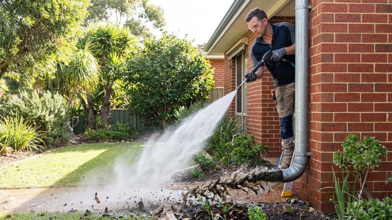 Roof plumber using high-pressure water to flush debris from a blocked downpipe on a Perth residential property