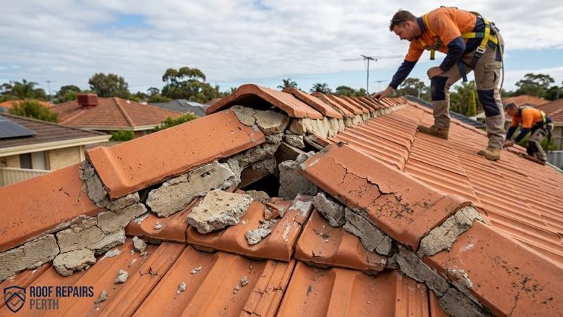 Row of ridge caps along the peak of a Perth home showing deteriorated mortar bedding and cracked pointing compound