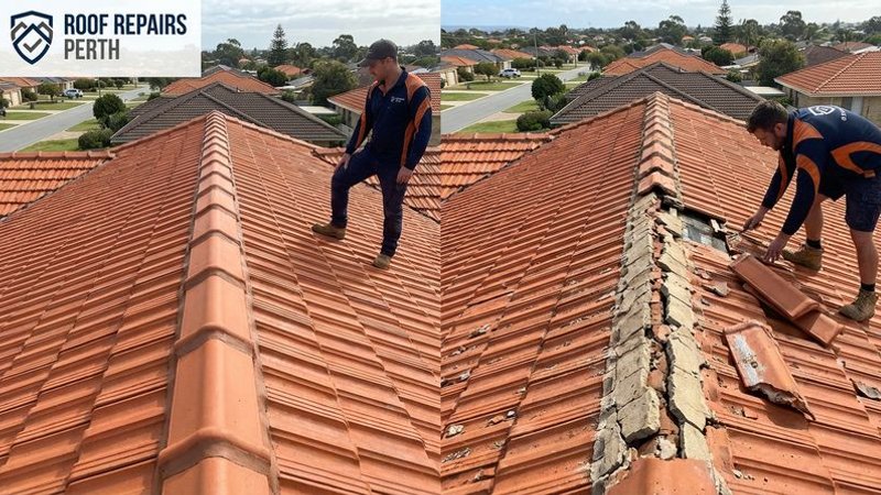 Side-by-side comparison of intact ridge capping mortar versus heavily deteriorated mortar