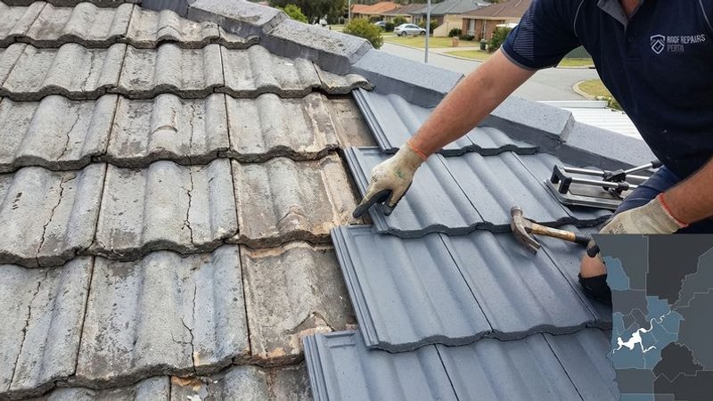 Side-by-side comparison of old deteriorating roof tiles and brand new tiles during a Perth roof replacement