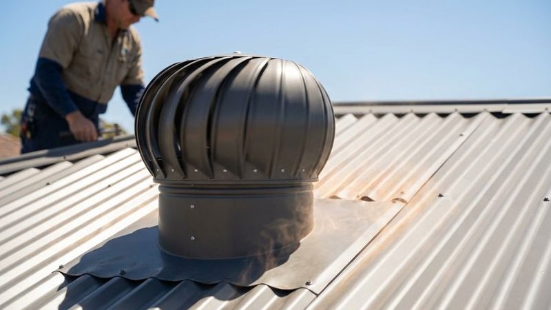 Whirlybird turbine vent spinning on a corrugated metal roof during a hot Perth summer afternoon
